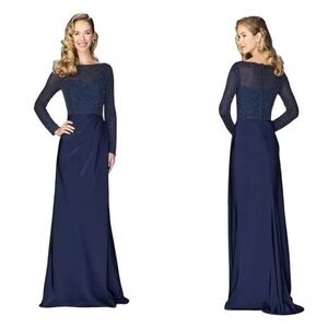 La Femme 24895 Navy Beaded Illusion Long Sleeve Prom Gown NWT Size 6 $420 MSRP